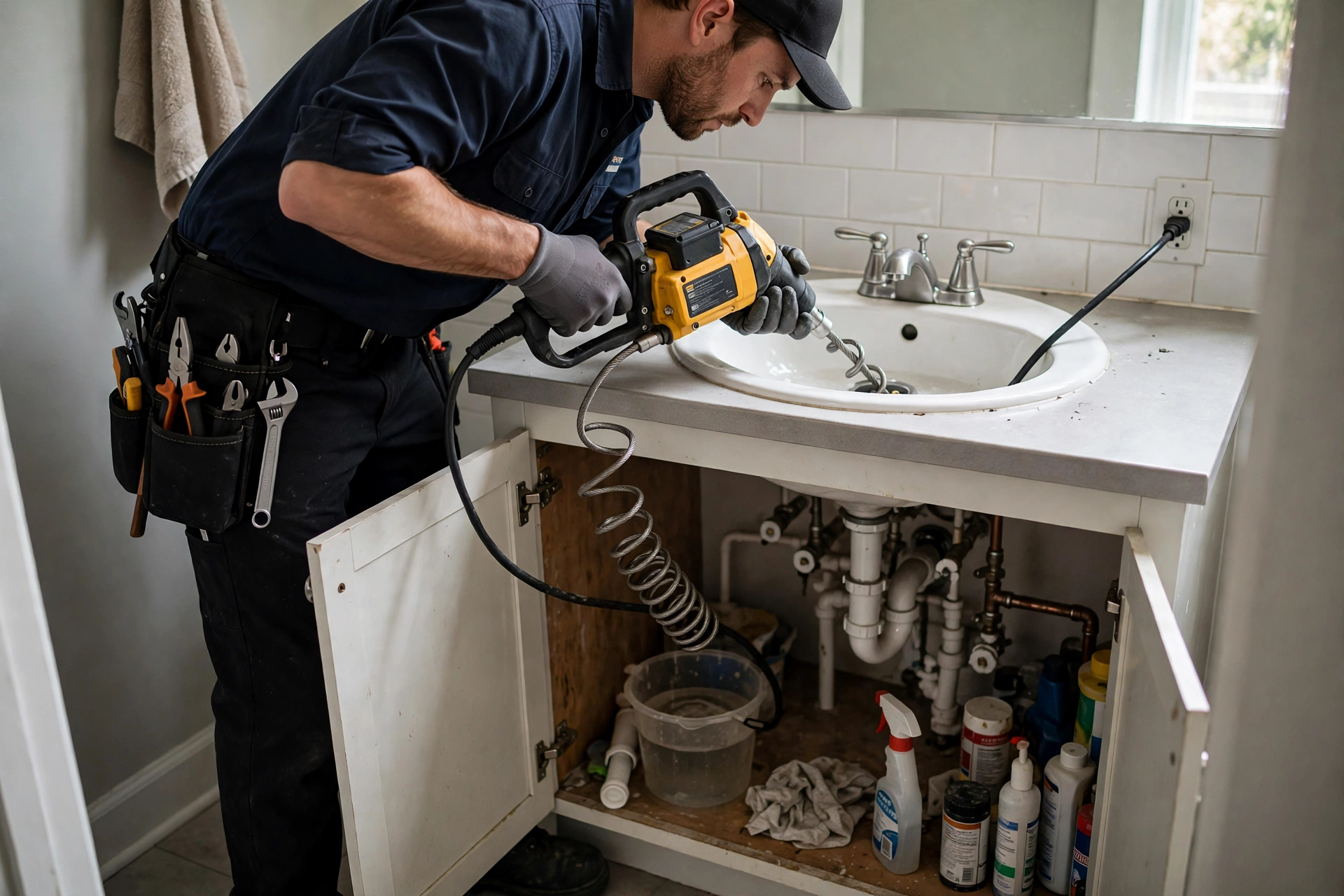 Technician hydro jetting a commercial kitchen drain line in Stow, OH